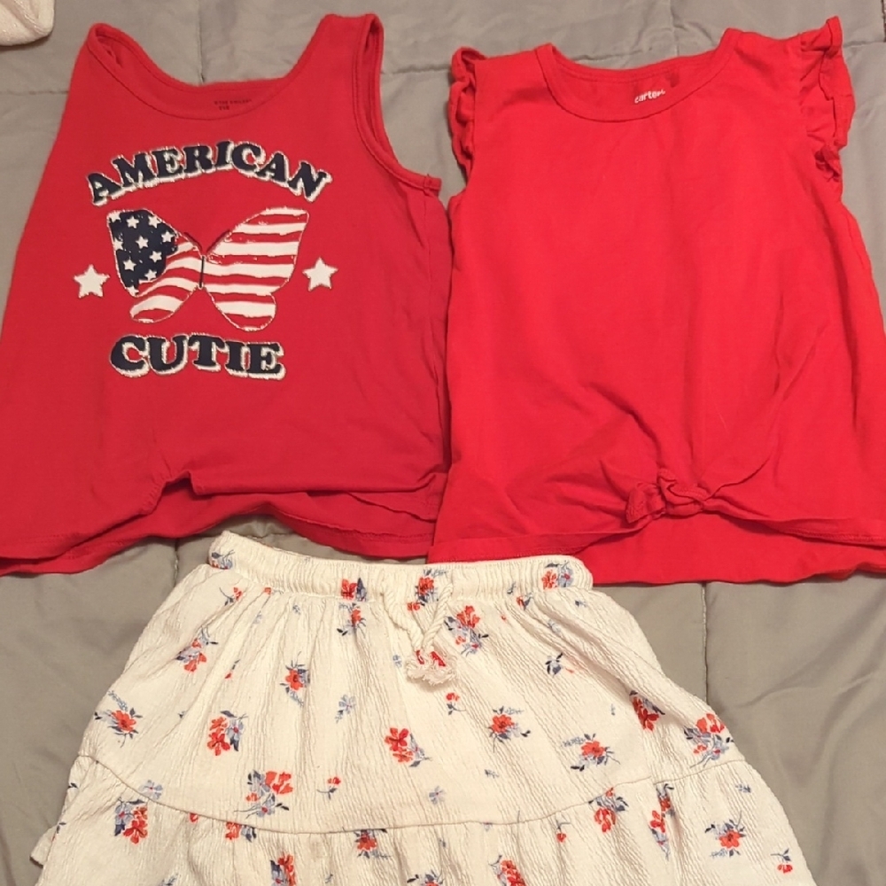 2 Red Tops and Floral White Skort